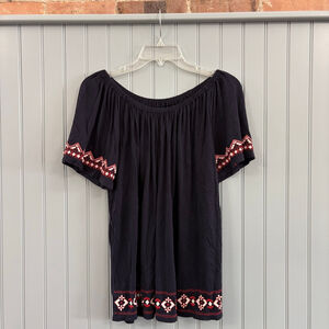 Ann Taylor LOFT Navy Embroidered Off the Shoulder Top M